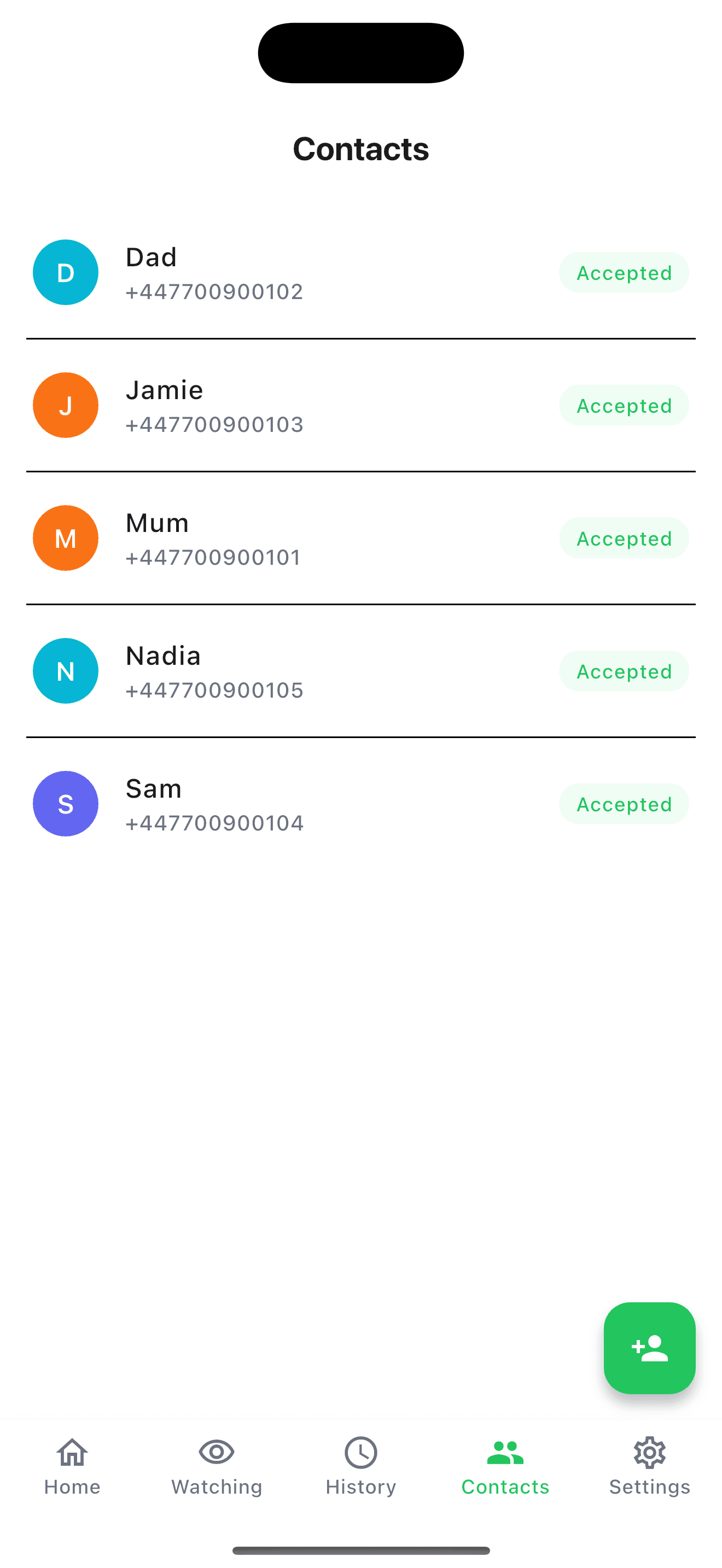 The WithYou contacts screen: five trusted contacts, each marked Accepted.
