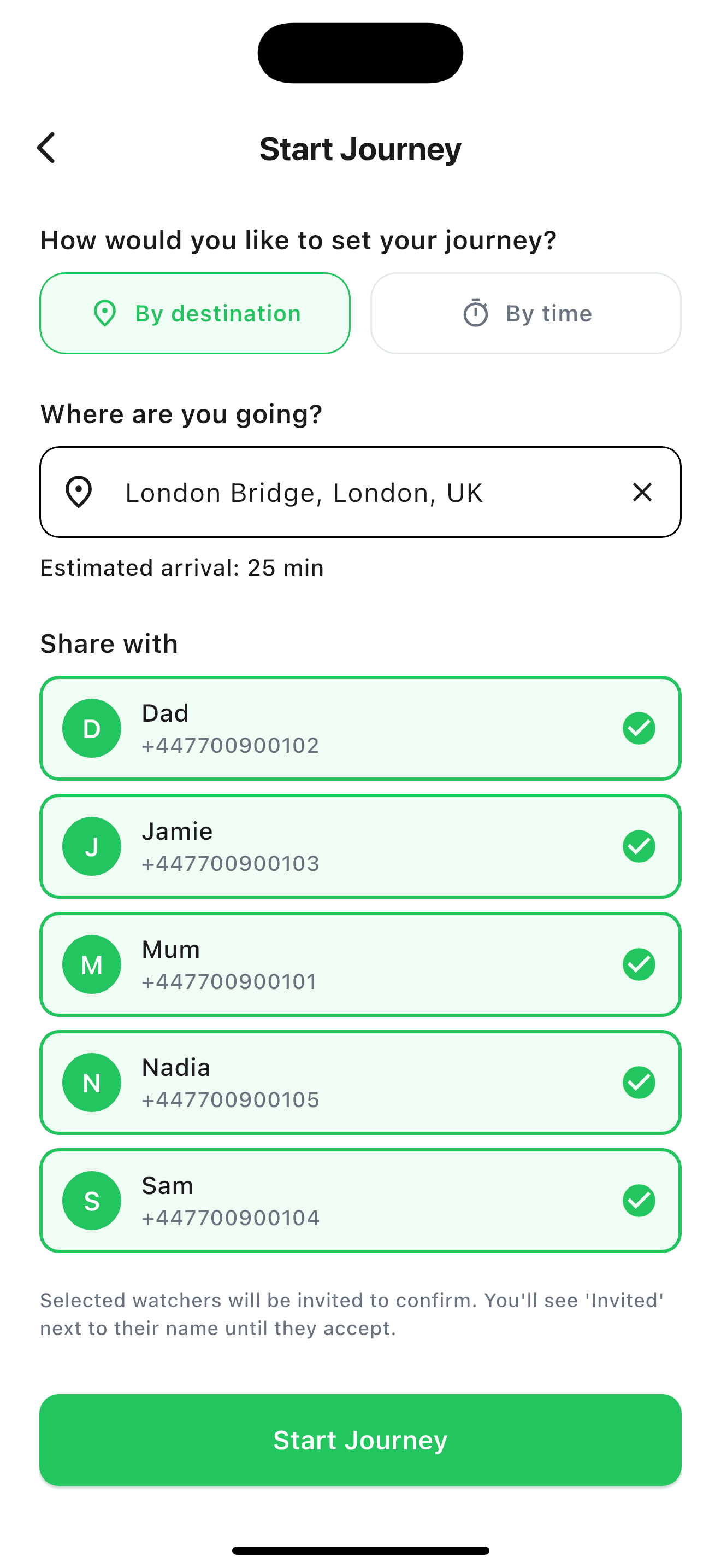 The WithYou Start Journey screen with the By destination tab selected, set to London Bridge with a 25 minute ETA.