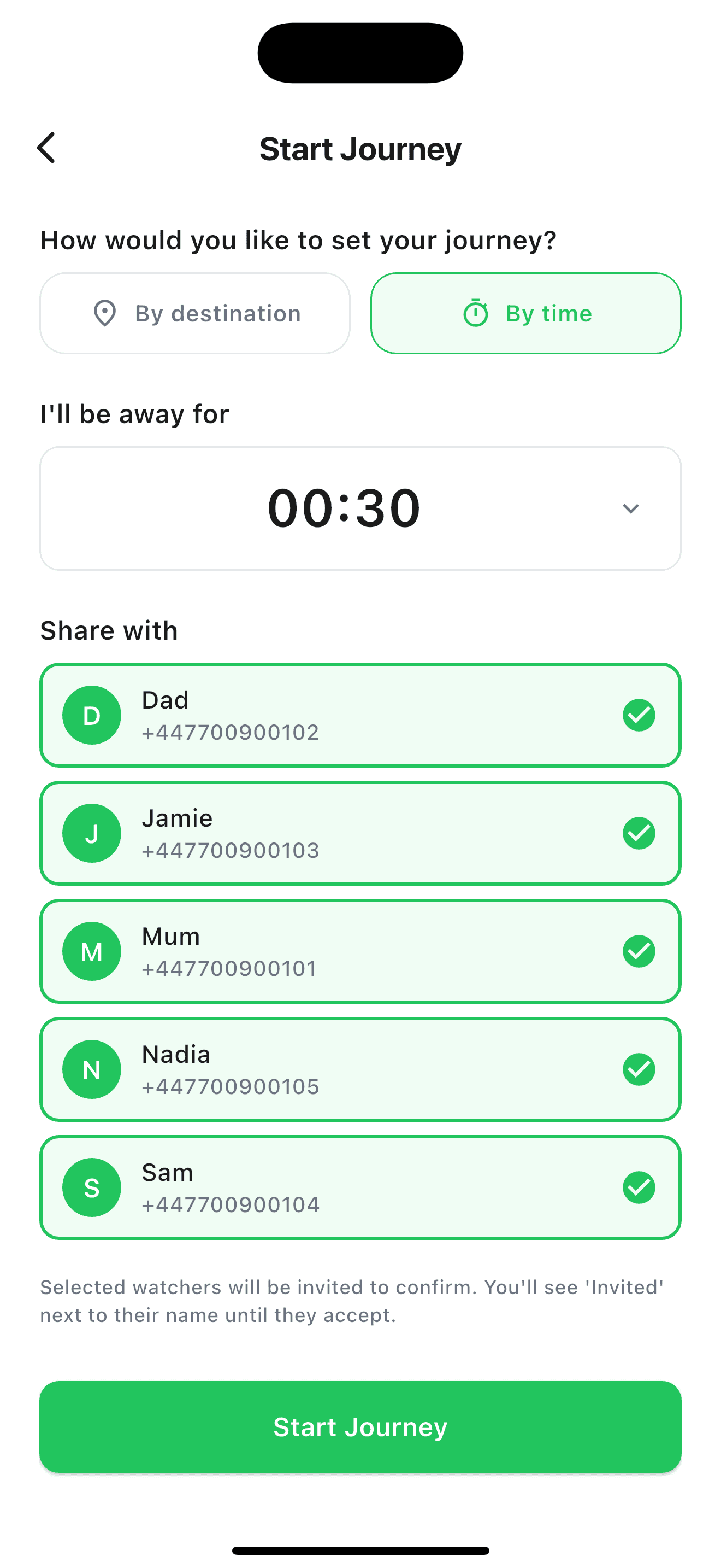 The WithYou Start Journey screen with the By time tab selected, showing a 00:30 timer.