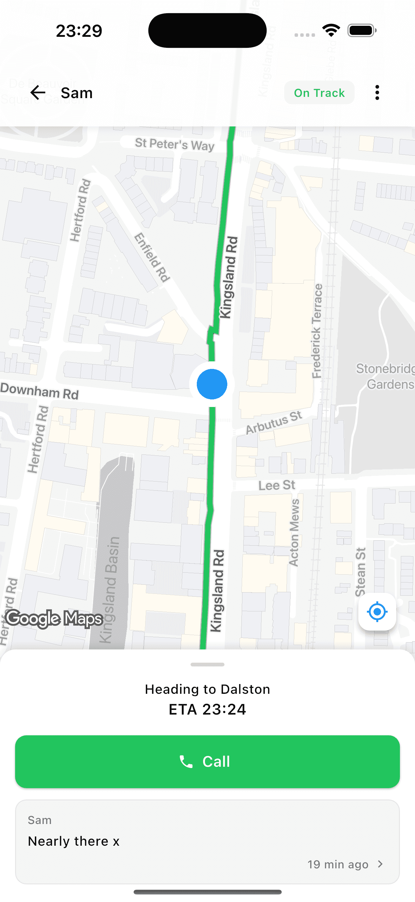 The watcher's view: tracking Sam to Dalston with a live route, an ETA card, and a Call button.